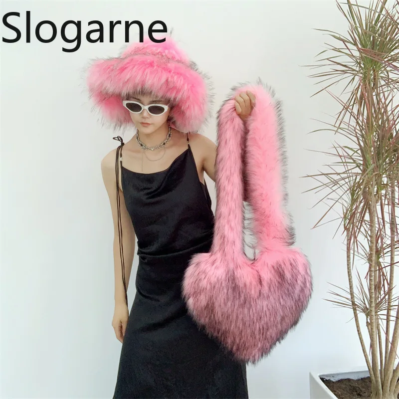 Women Sexy Fluffy Bag Hat Suit Ladies 2026 New Faux Fur Shoulder Bag Fur Bucket Hats Caps Furry Love Bag Sets Luxury Fur Handbag