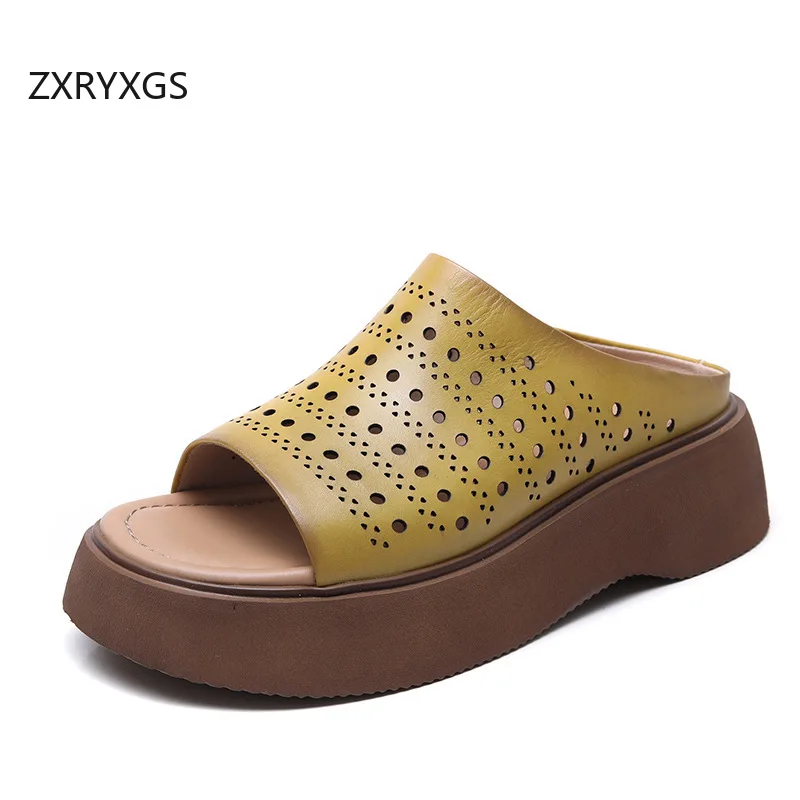 ZXRYXGS Premium Cowhide Hollow Fish Mouth Women's Leather Slippers Platform Wedges Elevator Sandals 2025 Summer Outside Slippers