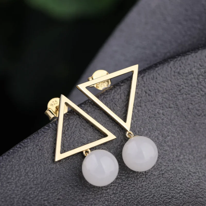 

925 Silver Gold-Plated Simple Earrings with Certificate Asymmetric Triangle Beads Hetian Jade Earrings