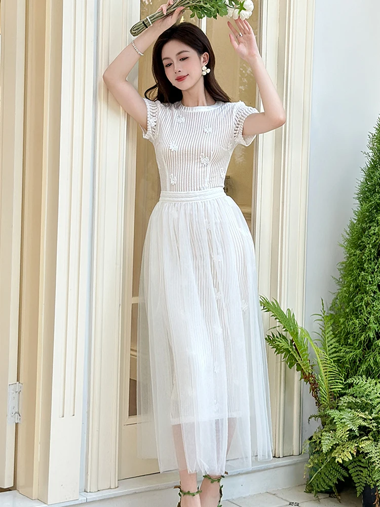 フランス風エレガントロングドレス レディース スウィートフェアリーコア フックフラワー ホローボディコンローブ スイング シアーメッシュスカート レディース ホリデーワンピース