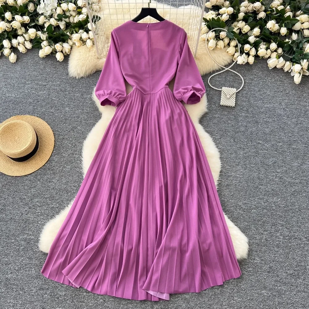 Vintage Half Sleeves Elegant Mesh O-neck Chic Rhinestone Slim Pleated Dress French Evening High Street Autumn Plus Size Clothing