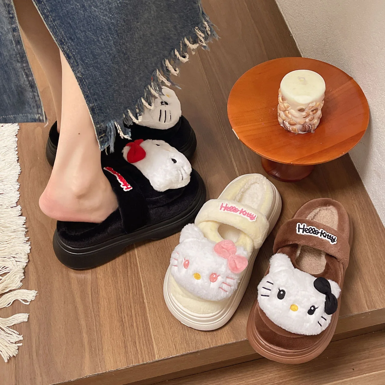 Cute HelloKitty Baotou Cotton Slippers for Women's Outerwear 2024 Autumn/Winter New Home Thick Bottom with Velvet Fury Slippers