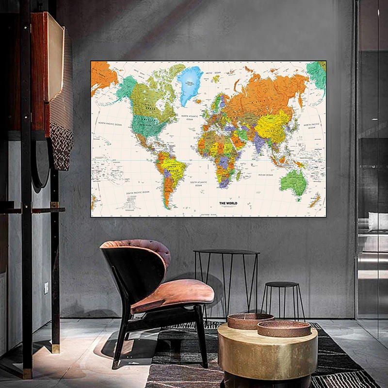 แผนที่โลกภาษาอังกฤษ 140*100 ซม.VINTAGE Non-ทอภาพวาดผ้าใบ Wall Art โปสเตอร์ตกแต่งบ้านอุปกรณ์สํานักงานโรงเรียน