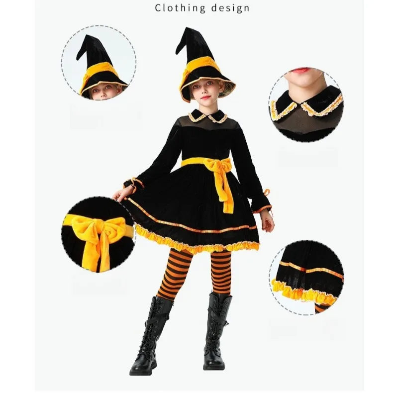 

Костюм для косплея на Хэллоуин: Забавный наряд ведьмы-тыквы с длинными рукавами, платье, пояс, шляпа, костюмы для тематических вечеринок и ролевых игр для девочек