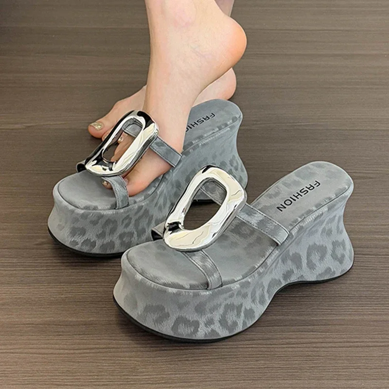 

Women Slippers High Heels Leopard Shoes Dress Fashion Woman's Sandals 2025 Summer Designer Slides New Casual Sandalias De Mujer