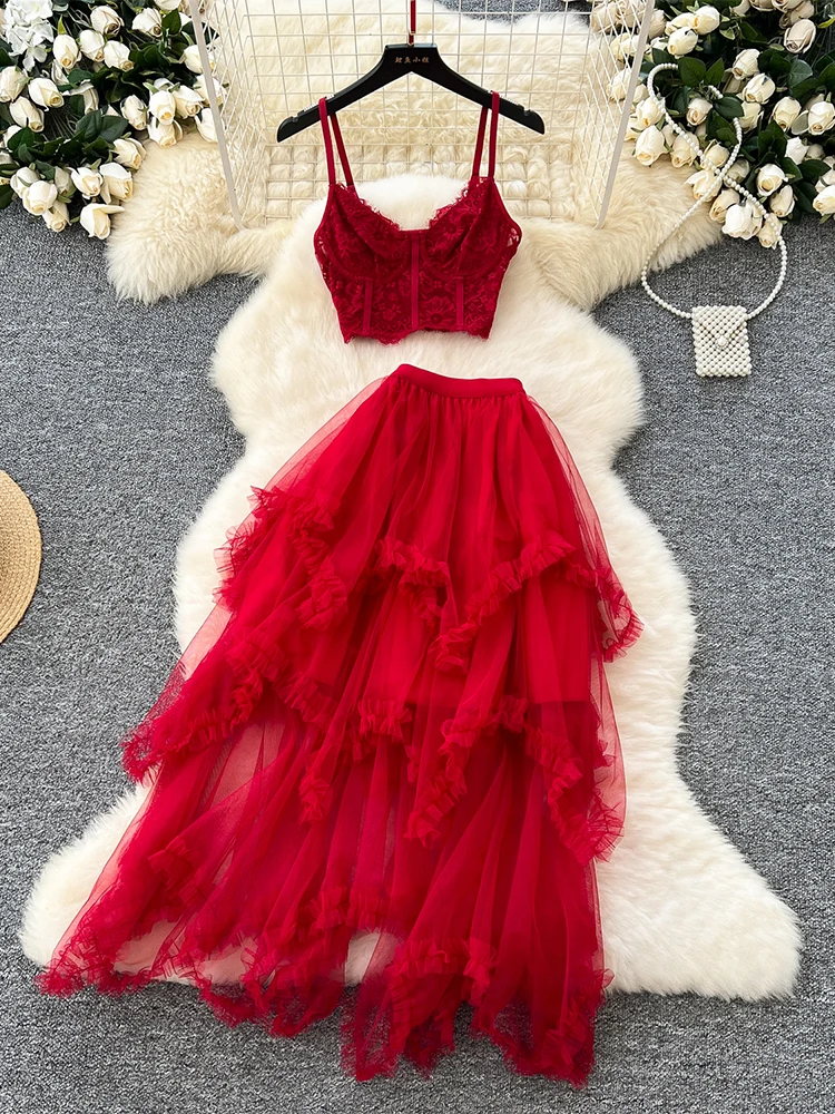 

Women's Red Two Piece Sets Vintage Sleeveless Lace Crop Top with A-Line Mini Skirt Vintage Y2k Skirt Sets Outfit 2000s Clothes