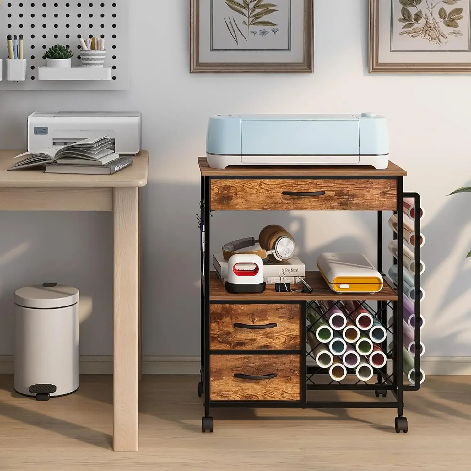 Storage Cart Compatible with Cricut Machines Stand Cutting Machine Stand with Drawers and Vinyl Roll Holder Rolling Craft Cabine
