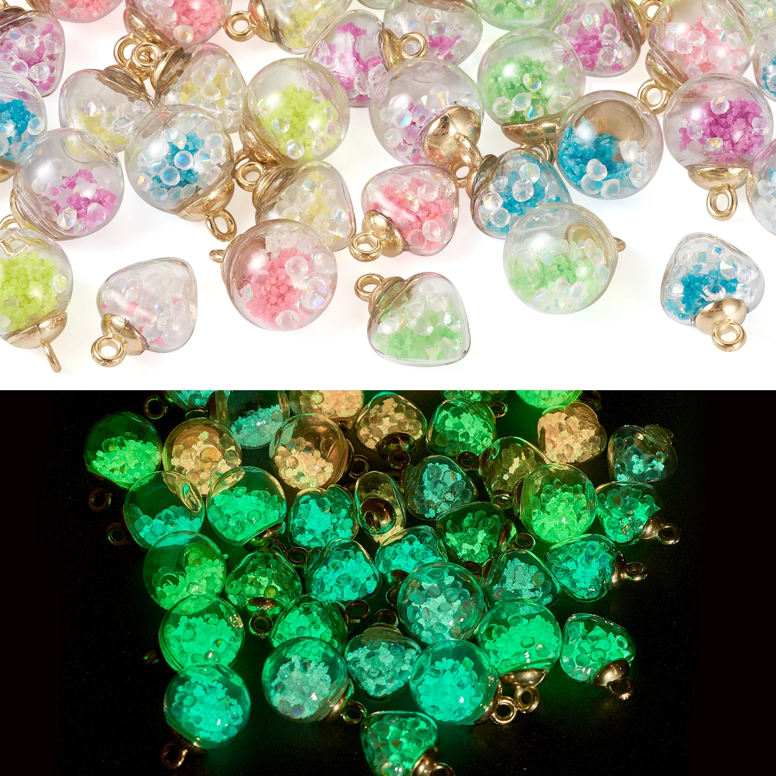 

50Pcs Luminous Glass Globe Pendants Glow in the Dark Charms with Glass Rhinestone Inside for Necklace Earrings DIY Accessories