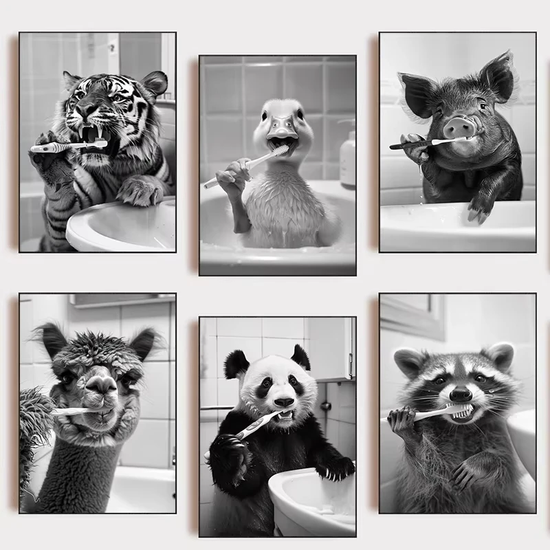 Cute Animals Duck Hippo Panda Alpaca Brush Teeth Posters Black and White Cartoon Abstract Canvas Prints Art Home Room Wall Decor