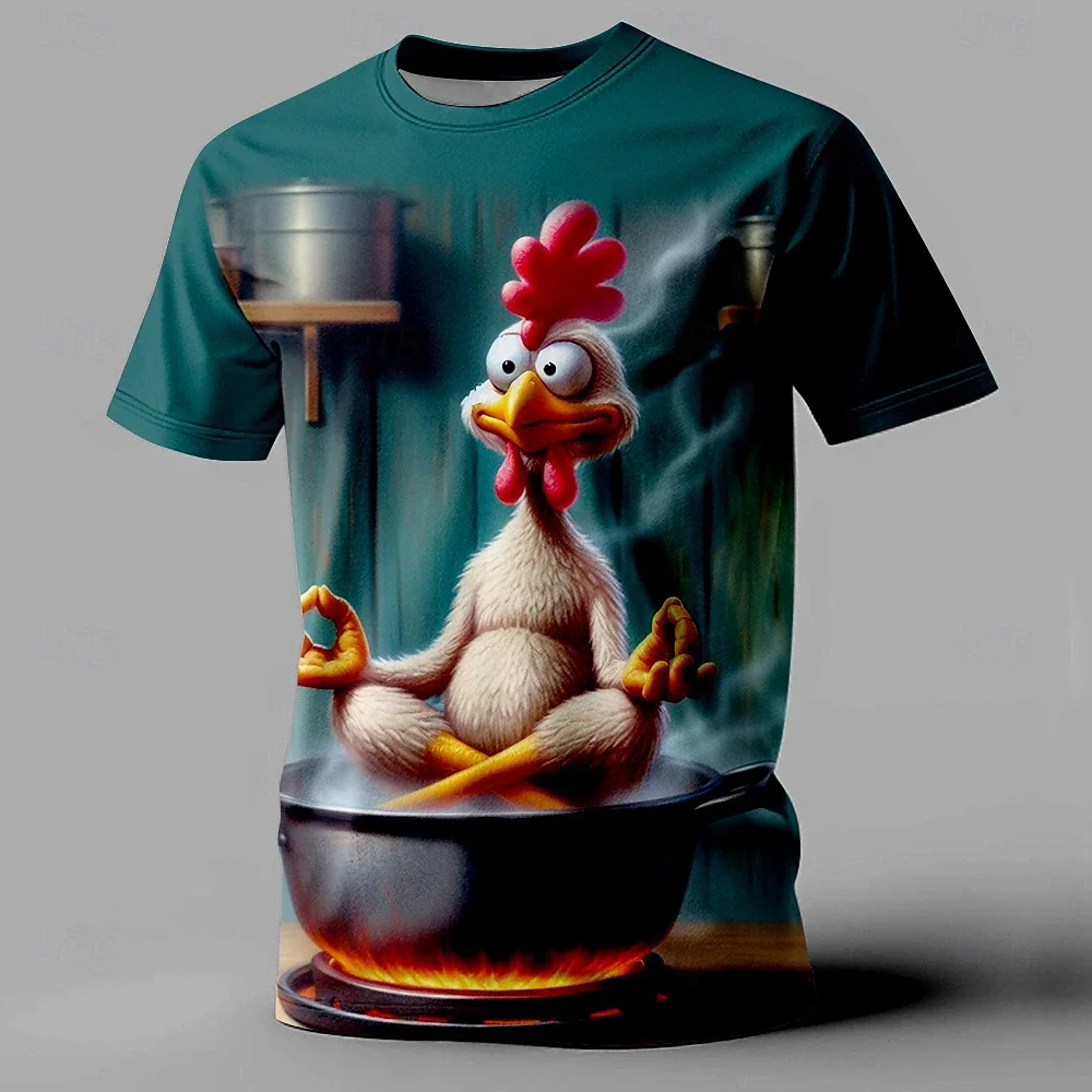 Summer Funny Men\'s T-Shirt Cartoon Chicken Print Short Sleeve Tops Street O-Neck Pullover Outdoor Casual Loose Men\'s Clothing