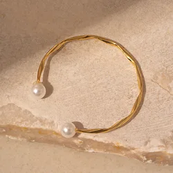Classic Irregular Twisted Open Bangles Women Men Imitation Pearl Beads Bracelets Punk Geometric Metal Bracelet Couple Jewelry