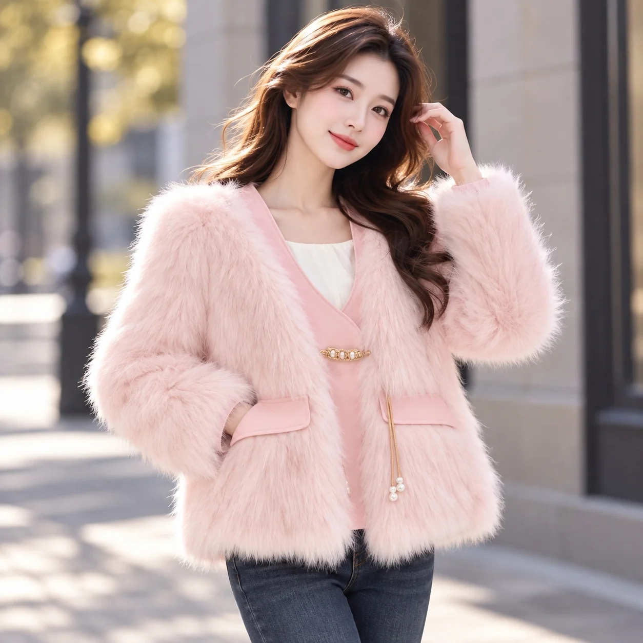 V Neck Pocket Coat Regular Length Elegant with Commuter Chic Long Sleeve Winter No Hood British Style Regular Sleeve Women Coat