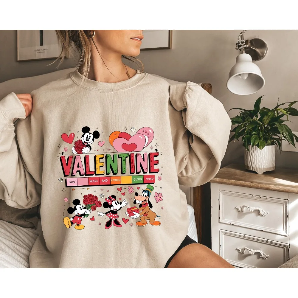 Sweat-shirt Disney en forme de cœur pour la saint-valentin, pull décontracté, confortable et ample à col rond, haut Streetwear