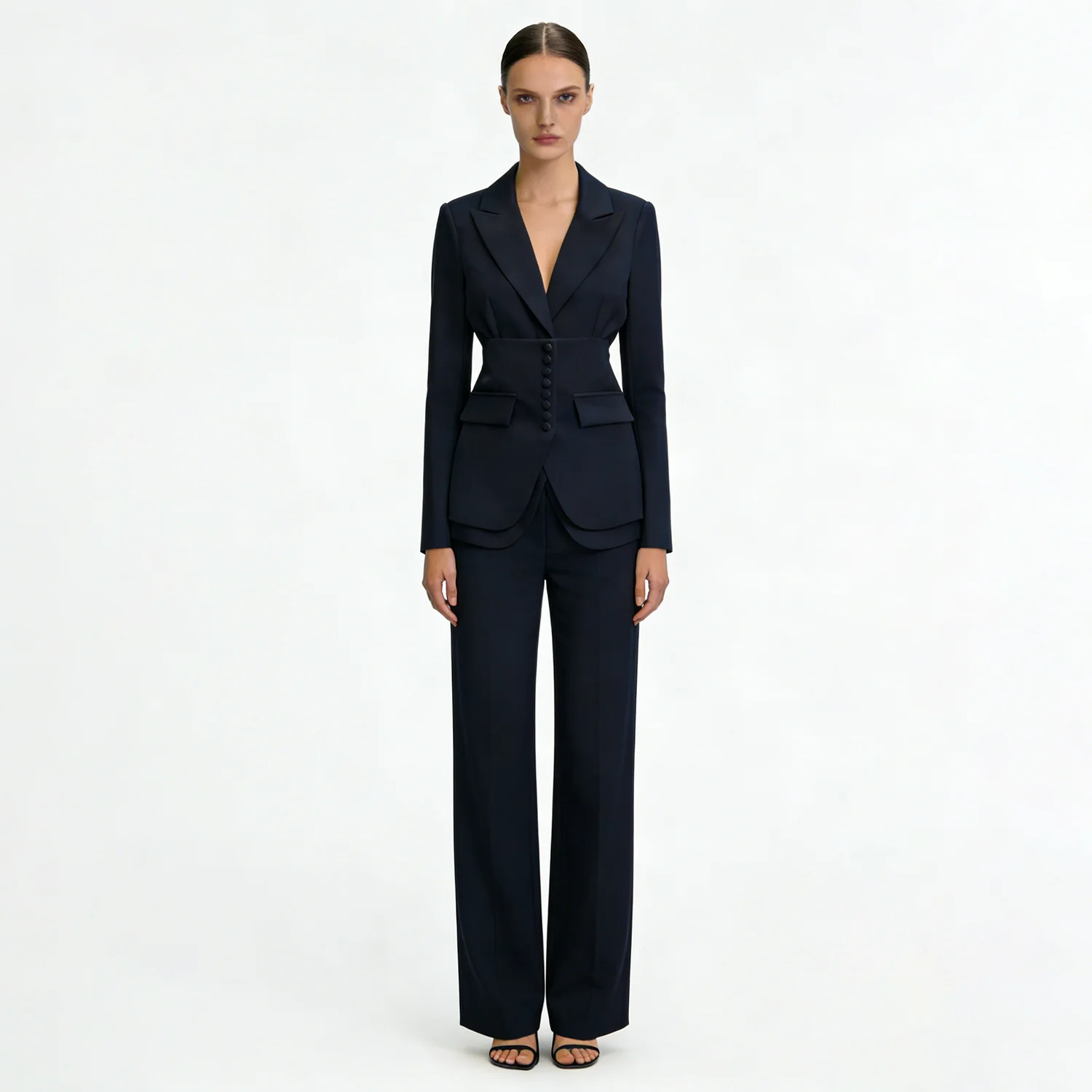 NOVA Women's Waist-Cinched Blazer 2-Piece Set (Brown/White/Black/Navy/Burgundy) Elegant Formal Office Wide-Leg Pants Outfit