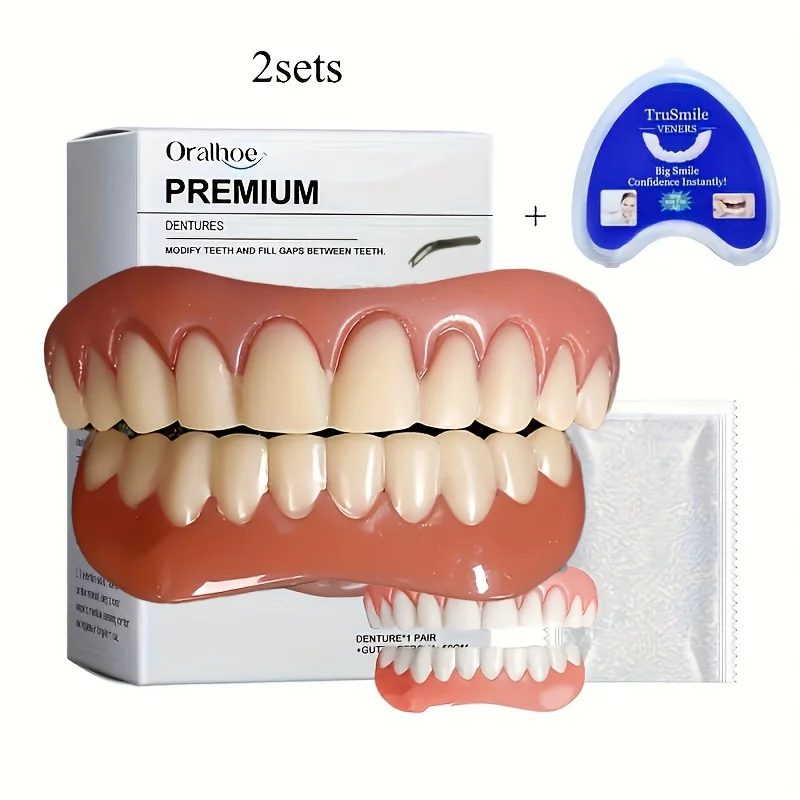 Juego de cubiertas temporales para dientes cosméticos: dientes elásticos fáciles de colocar, adecuados para personas mayores, hombres y mujeres, sonrisa instantánea, ajuste seguro tipo adhesivo, sin irritación sensible en las encías, dientes decorativos (pasta de dientes de maquillaje)