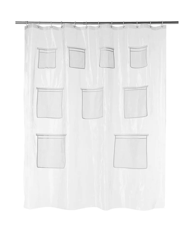 Inyahome PEVA Shower Curtain or Liner with Mesh Storage Pockets Water Resistant Bathroom Accessories Curtains Rust Resistant