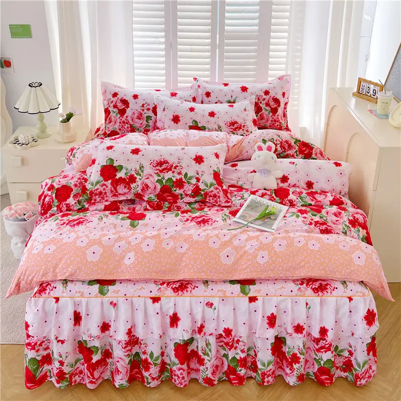 Coreano Ins Bedding Set, Algodão Luxo Quilt Cover, Fronha de cama plana, Simples Menina Princesa Algodão Home Textiles