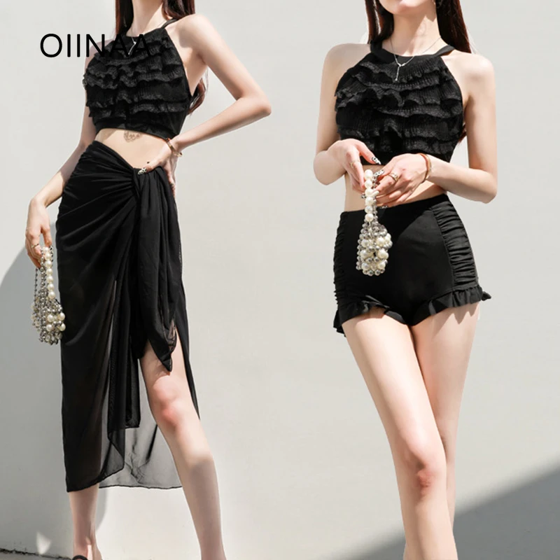 

OIINAA сексуальный женский купальник с открытой спиной и оборками, горячий весенний купальник, черная сетчатая накидка, лето 2025, новый корейский праздничный комплект бикини