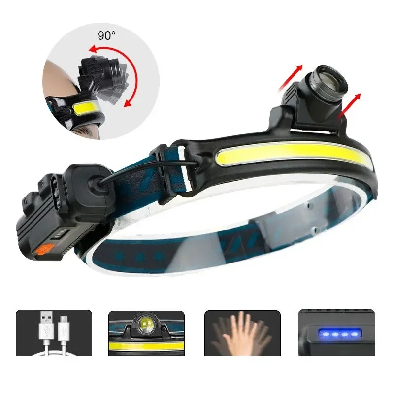Rechargeable Induction Headlamp Zoom COB LED Head Lamp Built in Battery Flashlight Multifunction 6 Modes Head Torch for Camping