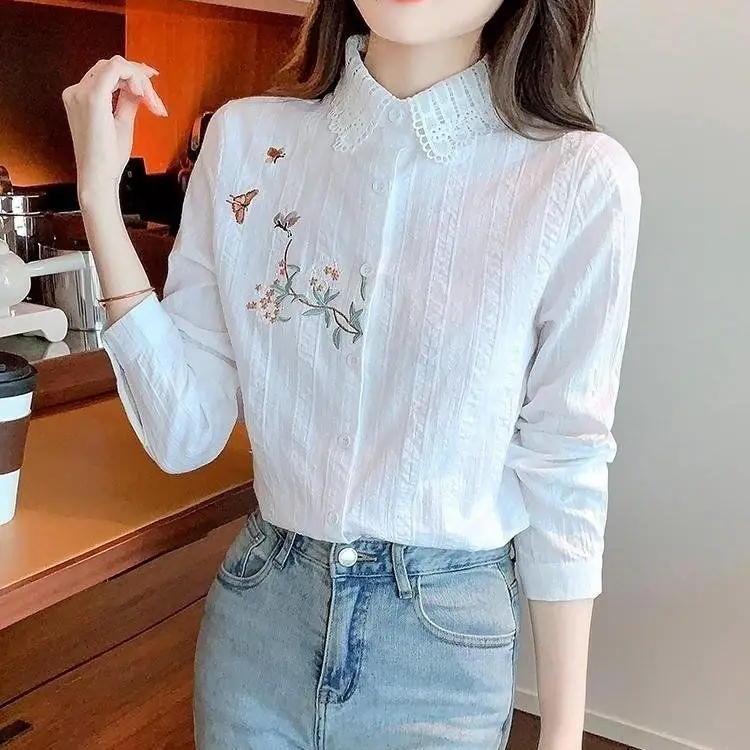 Pure Cotton Embroidered Large Size Shirt for Women Long Sleeves New Women Fashionable Lace Retro Versatile Cardigan