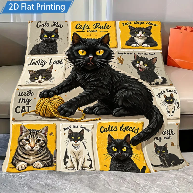 

1 шт. фланелевое одеяло с милым принтом кота, флисовое одеяло с 2D плоским принтом, мягкое и уютное покрывало для любителей домашних животных, домашний декор