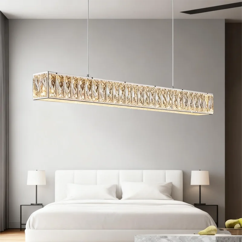 Modern Crystal Pendant Light Luxury Long Strip Led Dining Room Chandelier Nordic Restaurant Island Bar Indoor Lighting Fixtures