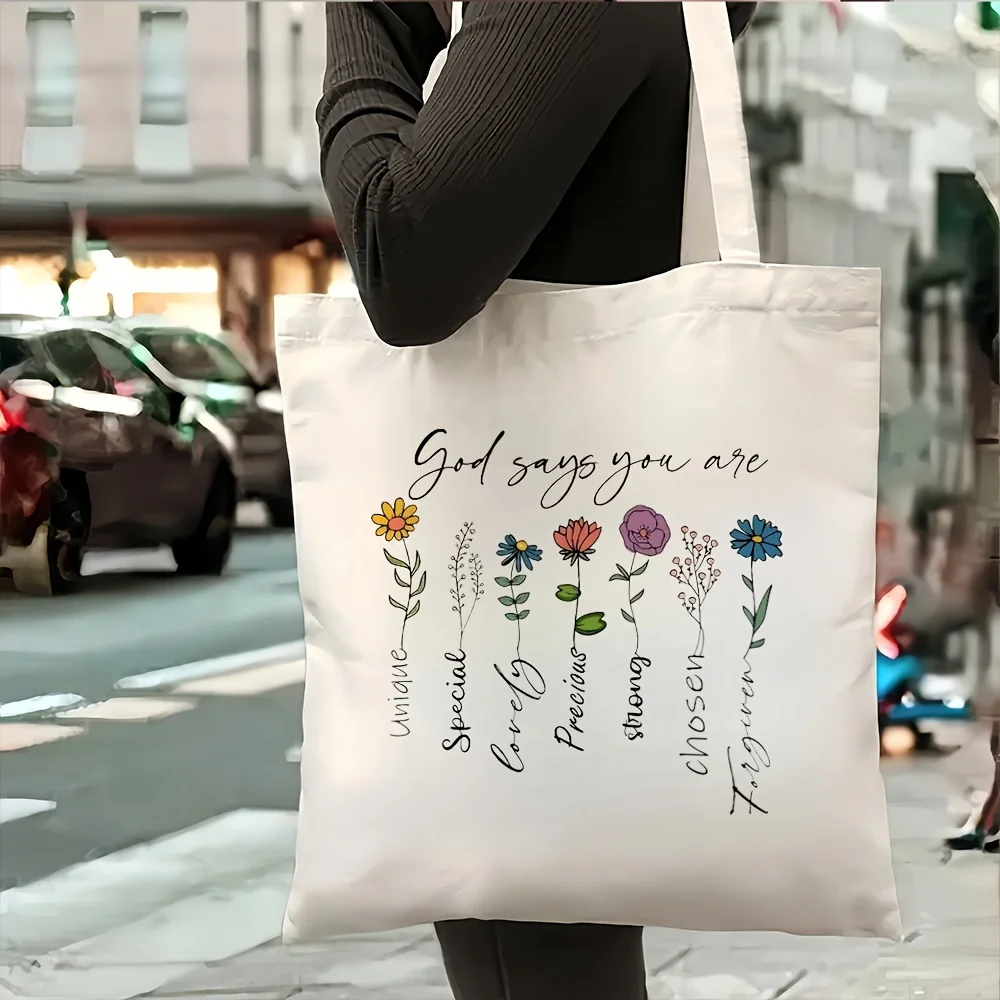 1pc of a Floral-Themed Canvas Tote Bag for Women Featuring an Uplifting Bible Verse - Spacious, Grocery And Shoulder Bag Made fr