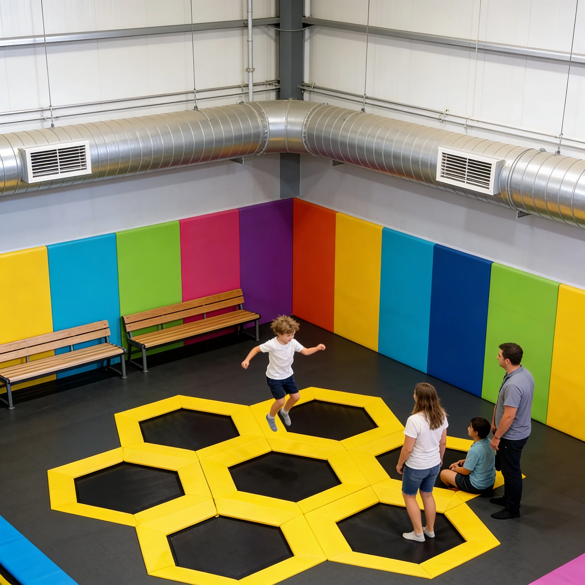 An exciting trampoline experience at the amusement park, complete with double seatbelts and professional operation