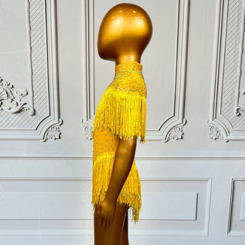 Kids Latin Dance outfit Performance Festival Outfit Yellow Rhinestones Fringed Bodysuit  Jazz Dance Costume Stage Group Clubwear