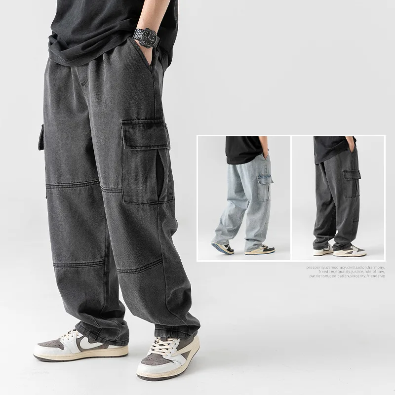2025 Men's retro camouflage jeans, informal washed wide leg jeans, men's autumn and winter loose pants, old blue multi pocket