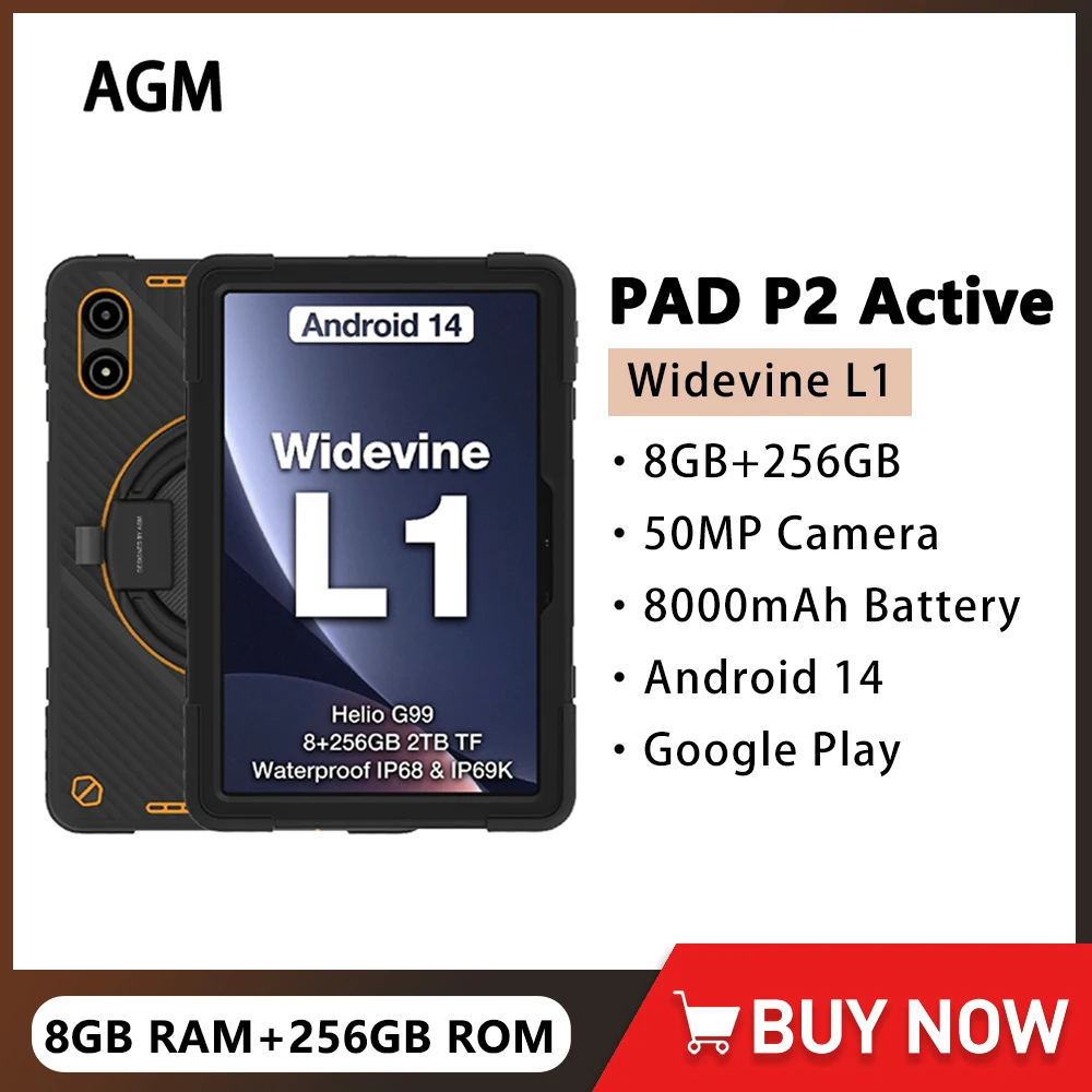 AGM PAD P2 Active Rugged Tablet 11 Inch FHD+ IPS Display 8GB+256GB P2W Waterproof Tablets PC 8000mAh 50MP Android 14 Widevine L1