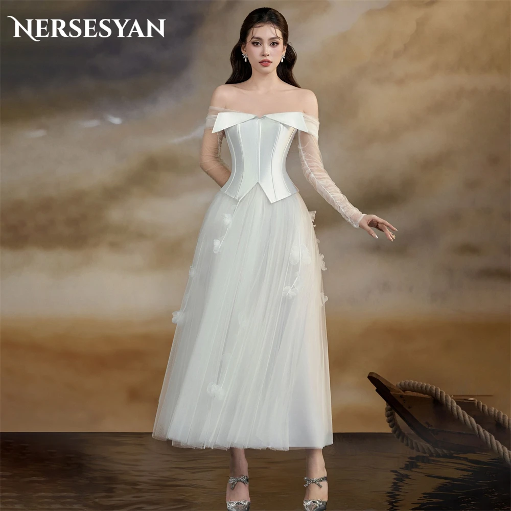 Nersesyan abiti da sposa eleganti in pizzo abiti Top a-line Off spalla lunghezza tè abiti da sposa Backless maniche lunghe abito da sposa