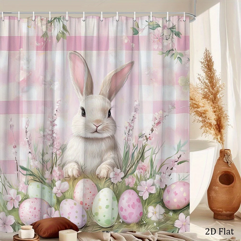 1pc Cute Bunny Shower Curtain, Easter Eggs Spring  Botanicals Fans Plaid Watercolor Modern Suitable for Home Hotel Room Decorati