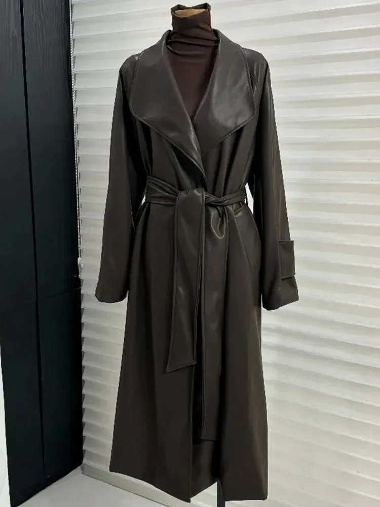 Autumn New French Style High end Suit Collar Over Knee Leather Trench Coat Women Clothing Waist Lace up Long Coat Winter Clothes