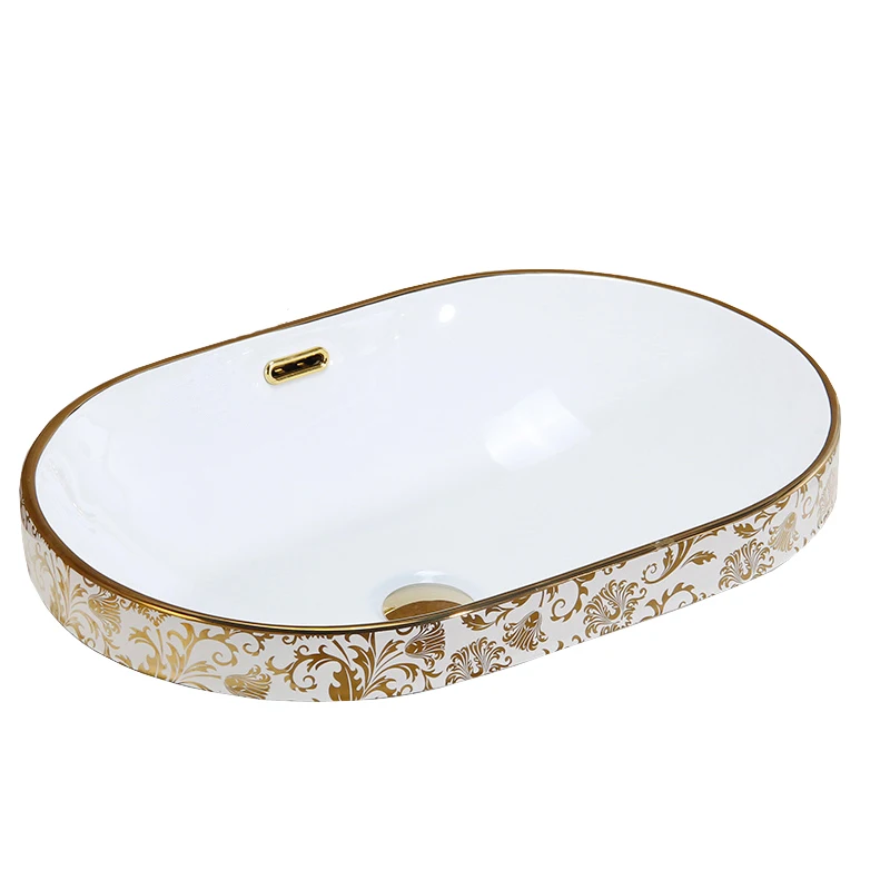 

European style semi embedded washbasin, washbasin, upper basin, oval shaped washbasin, golden ceramic basin