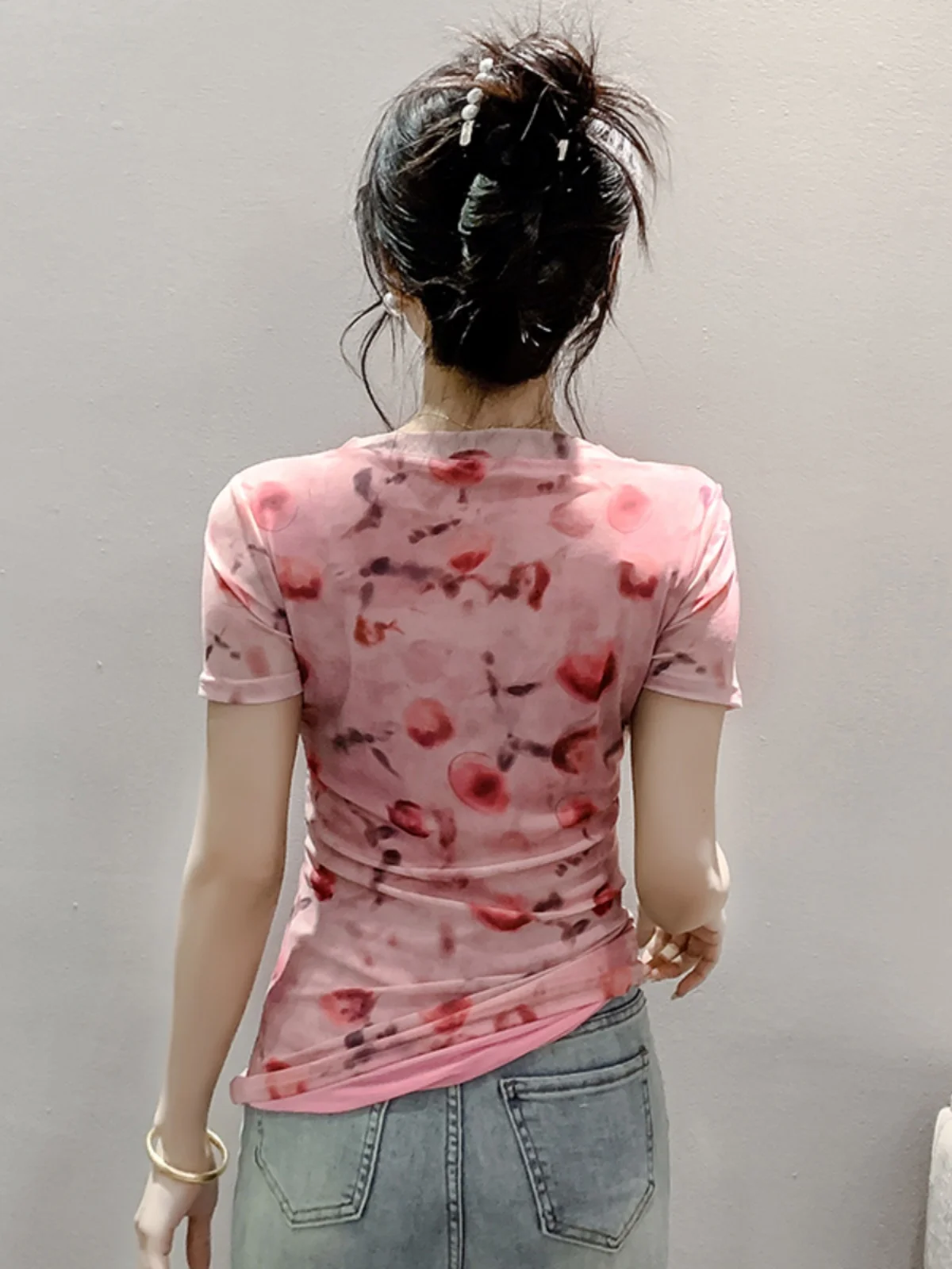 Zomer Nieuwe Sle Dames T-shirt V-hals of Sve Me Print Top Faionable Streetwear Slim Fit Plant Bloemmotief