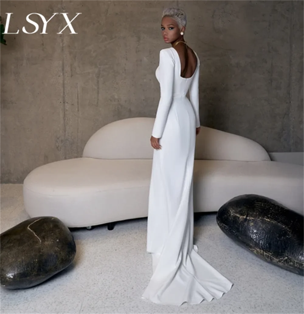 

LSYX Elegant Square Neck Long Sleeves Crepe White Wedding Dress Sheath Zipper Back Court Train Bridal Gown Custom Made