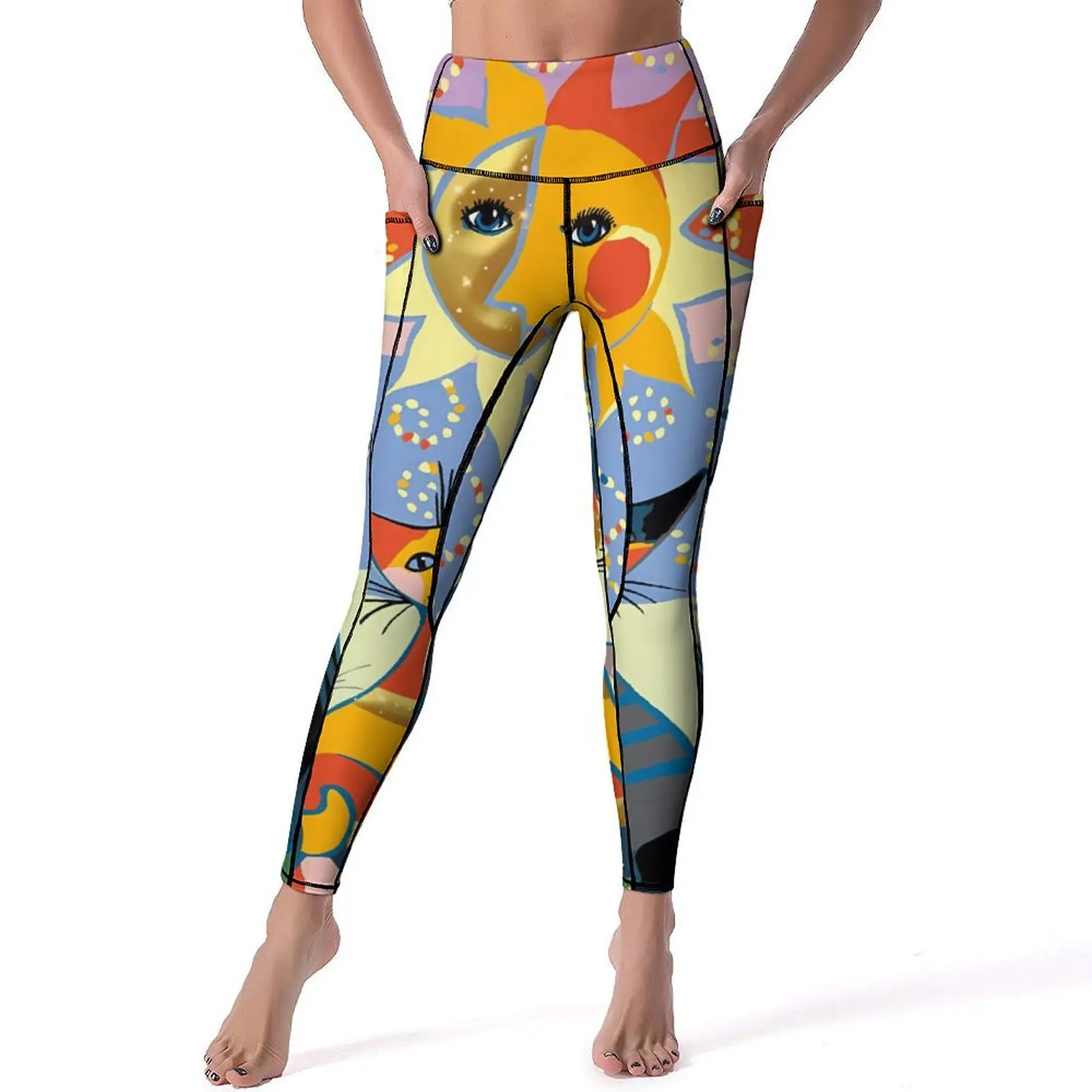 Pantalones de Yoga abstractos de sol y gato, mallas con estampado de animales, mallas deportivas de Yoga elegantes con realce, mallas elásticas para gimnasio y Fitness