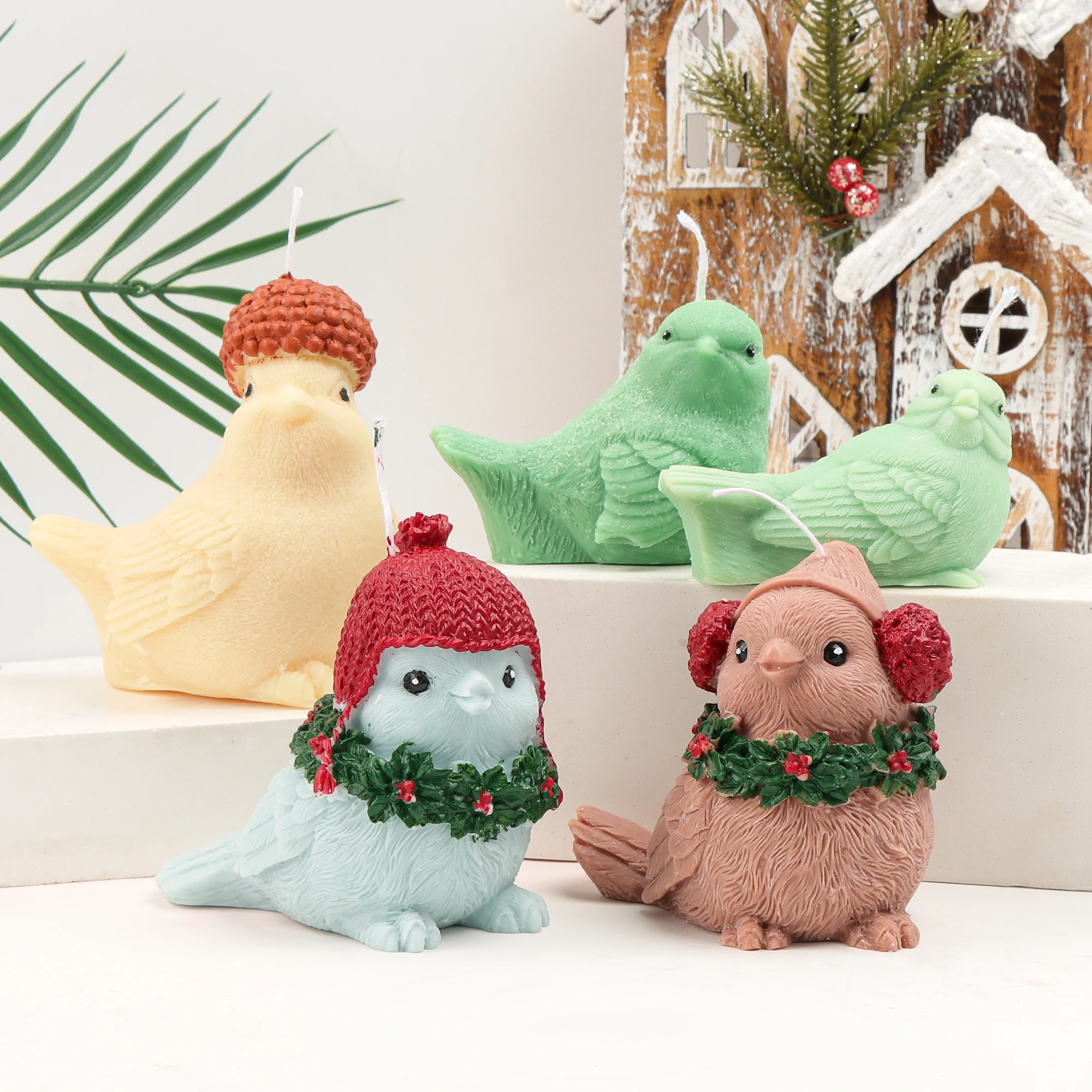 Weihnachten Vogel des Hutes/Kranz/Tannenzapfen Muster Silikonform DIY Aroma Statue Harz Werkzeug Tiere Designs Seifenform Weihnachtsambiente