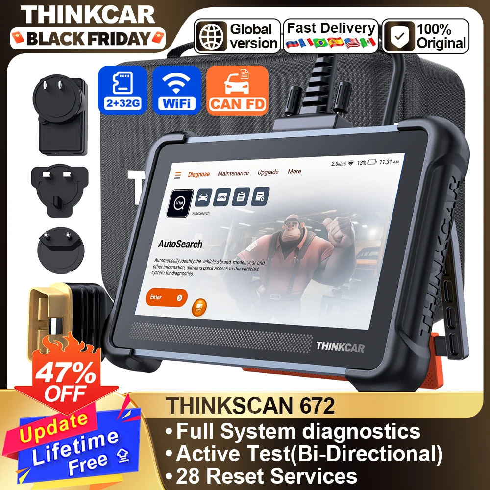 THINKCAR THINKSCAN 672 Car Diagnostic Tool CAN FD All Systems Diagnostic Scanner 28 Reset Bidirectional Scan Tool OBD2 rScanner