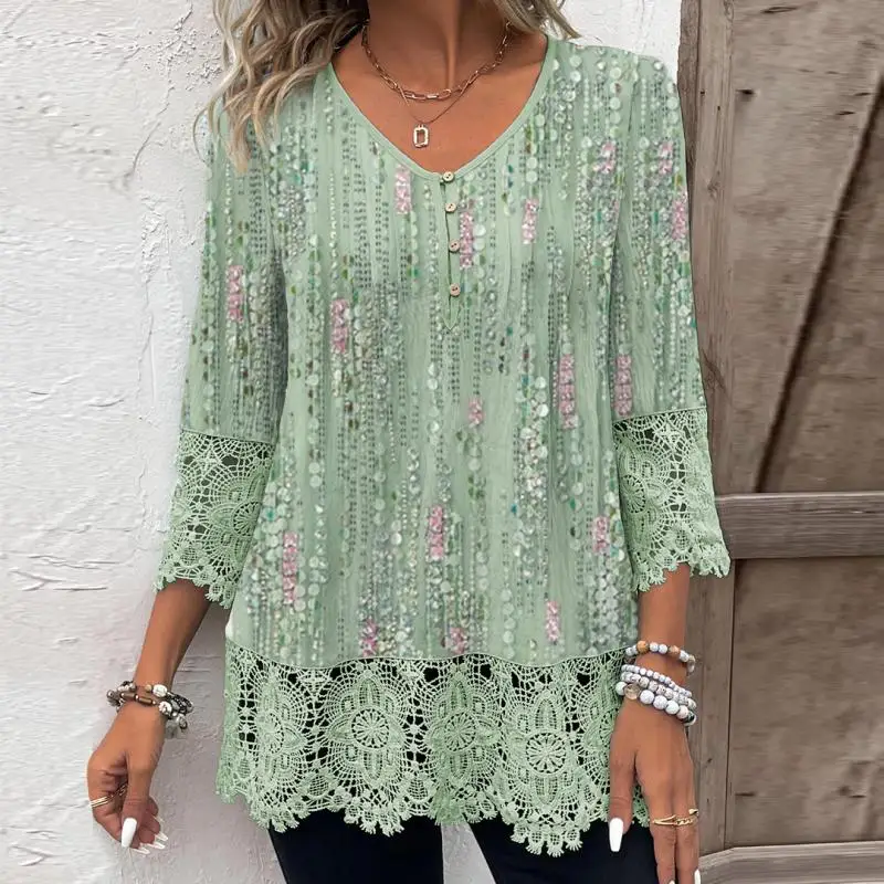 

Plus Size Women 3/4 Sleeve V-neck Polka Dot Printed Graphic Button Lace Tops