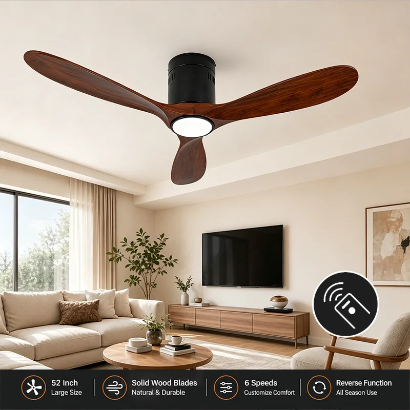 Ventilador de techo de madera maciza de 52 pulgadas con control remoto y motor eléctrico de CC ajustable de 6 velocidades, ventilador de dormitorio con aspas de madera.