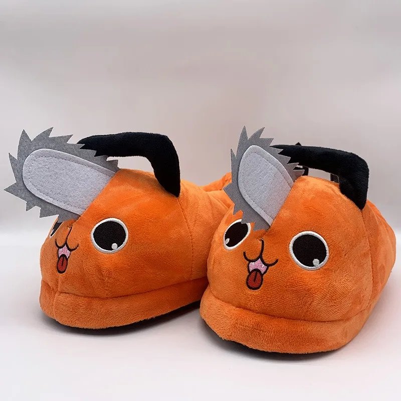 Cute Orange Cartoon Plush Slippers Chainsaw Dog Design Warm Winter Indoor House Cotton Shoes for Men Women Cosplay Home Footwear