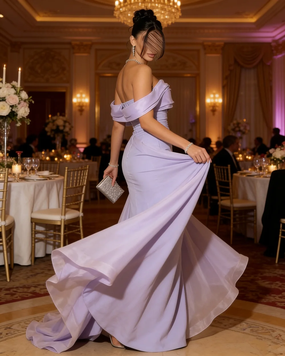 

Customized Purple Modest Pastrol Jersey Pleat Ruched Draped Straight Off-the-shoulder Floor-Length Evening Dresses Unisex