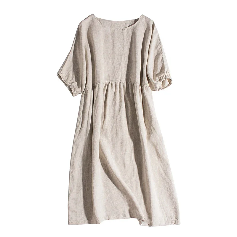 Retro Cotton Linen Dresses For Women Casual O-Neck Short Sleeve Elegant Ladies Midi Long Summer Party Night Sexy Dress