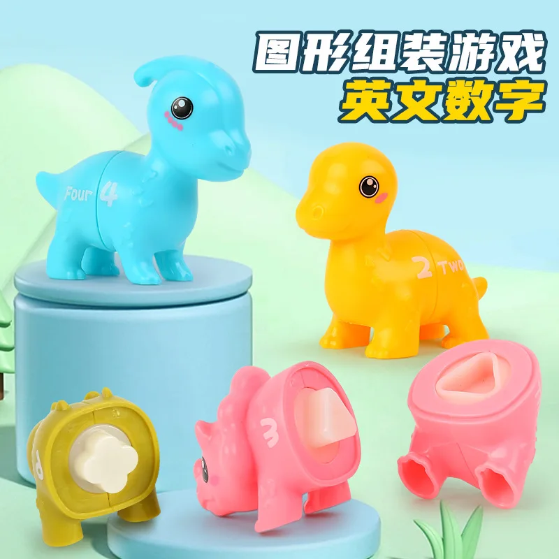 Puzzle z dinozaurami, dopasowywanie numerów i liter, narzędzie edukacyjne do nauki, dopasowywanie kolorów i kształtów.