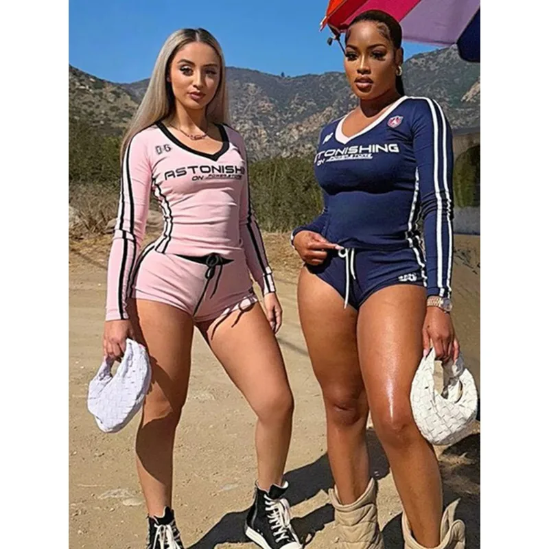 Letter Print Sporty 2 Piece Set Women Tracksuit Stroke Tight Hipster Casual Crop Tops+Shorts Matching Street Outfits