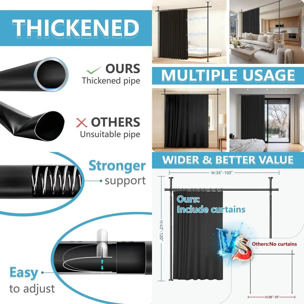 

Adjustable Width Black Room Divider Curtain Set with Pole Brackets