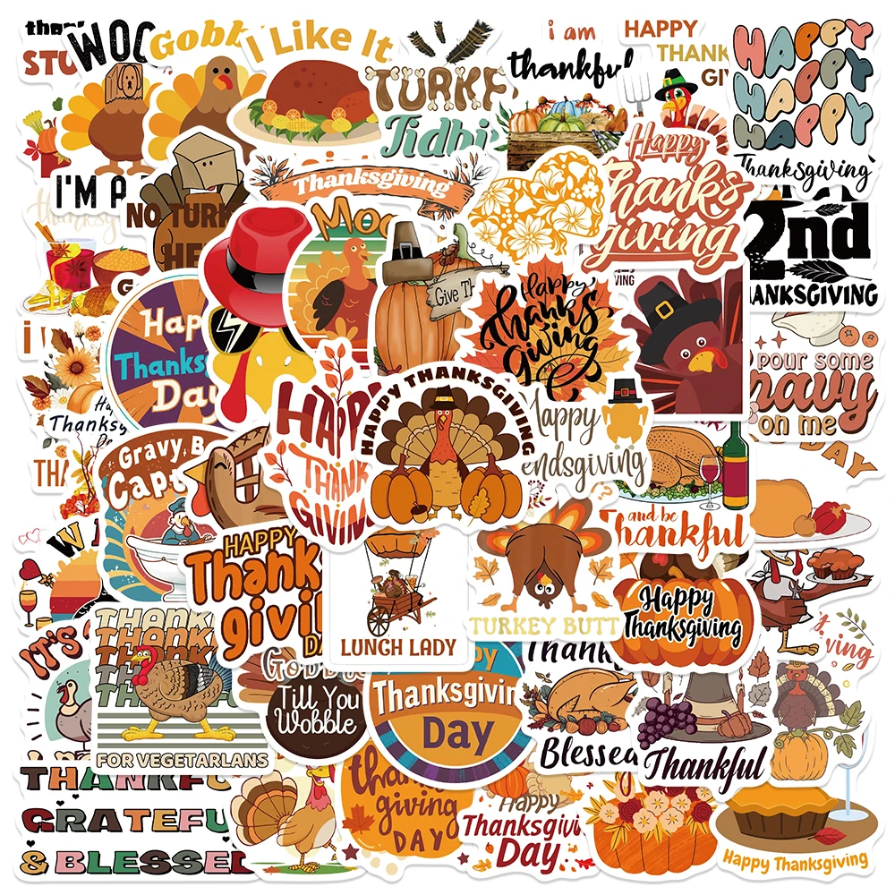 

50PCS Cartoon Festival Turkey Stickers Thanksgiving Days DIY Decals For Skateboard Fridge Luggage Laptop Animals Toy Stickers