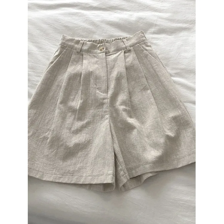 กางเกงผ้าฝ้ายลินินสไตล์ญี่ปุ่นย้อนยุคสำหรับผู้หญิง ฤดูร้อน เอวสูง ไซส์เล็ก ทรงเอ ขากว้าง ลำลอง ความยาวห้าส่วน